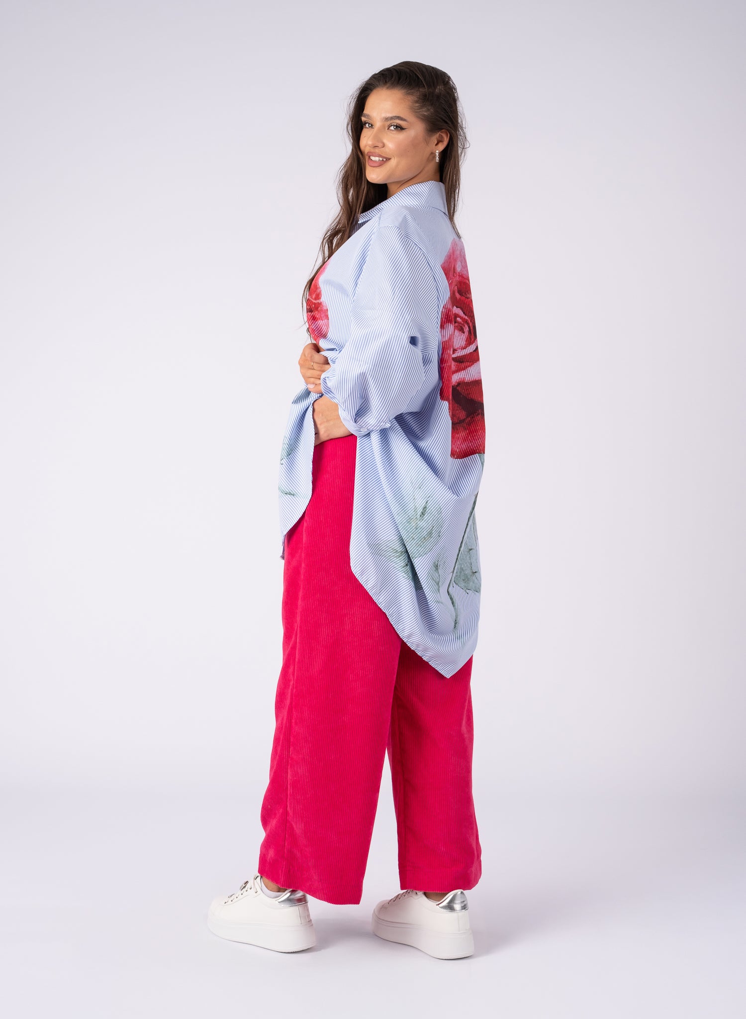 Pantaloni casual  Fucsia, din material reiat